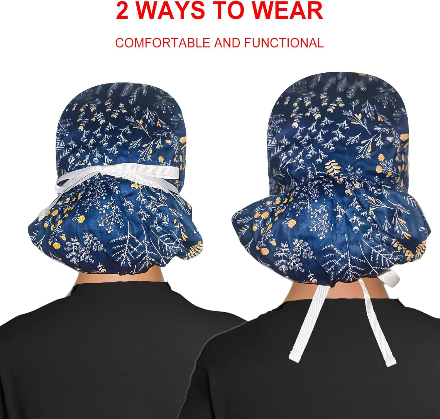Scrub Cap with Buttons - Cotton Hat with Sweatband, Adjustable Tie Back for Ponytail (Randomly Paired with Hair Ring)
