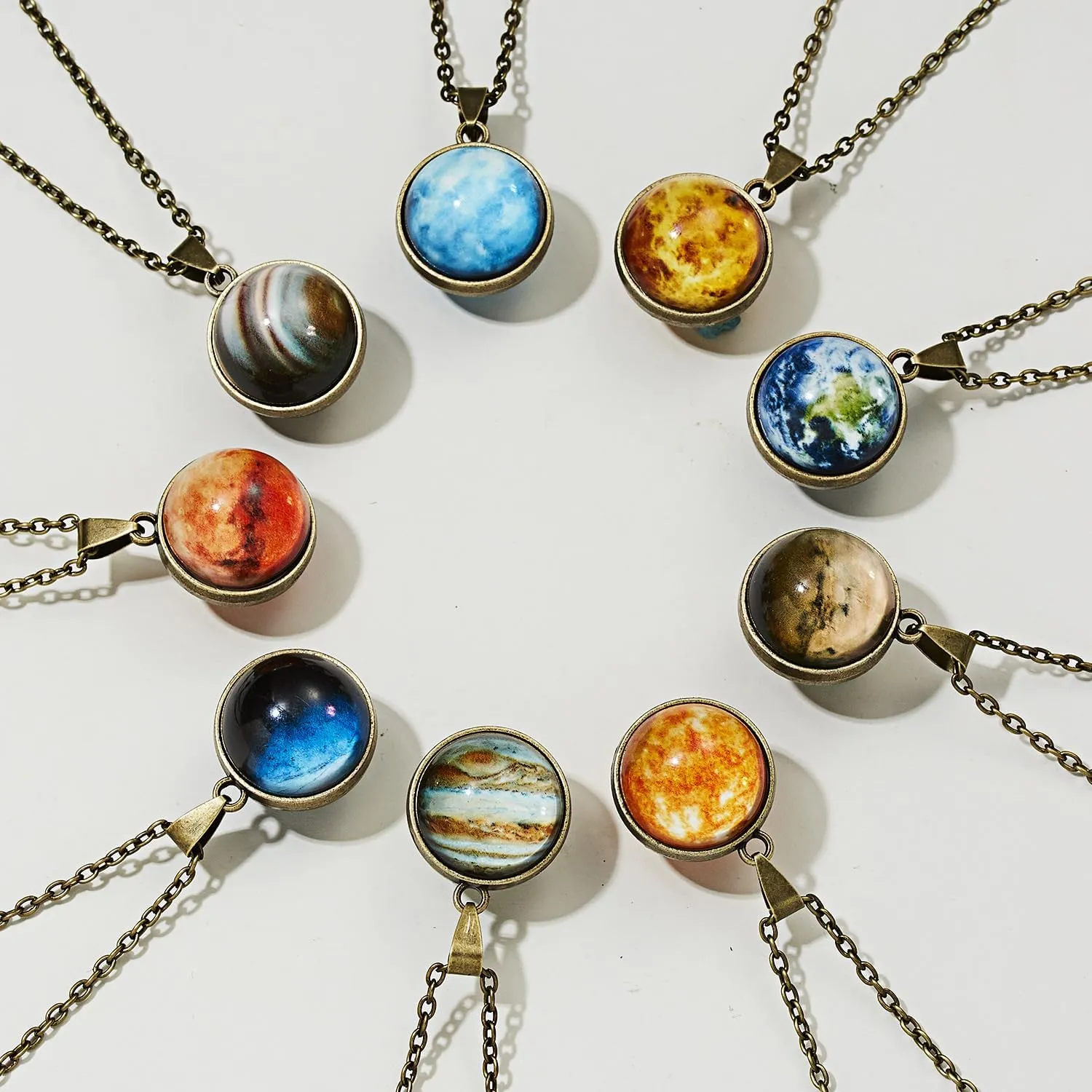 Solar System Necklace Universe Galaxy The Eight Planets Guardian Star Glow in Dark Double Side Glass Luminios Gemstone Ball Necklace for Women Men Friends Gift
