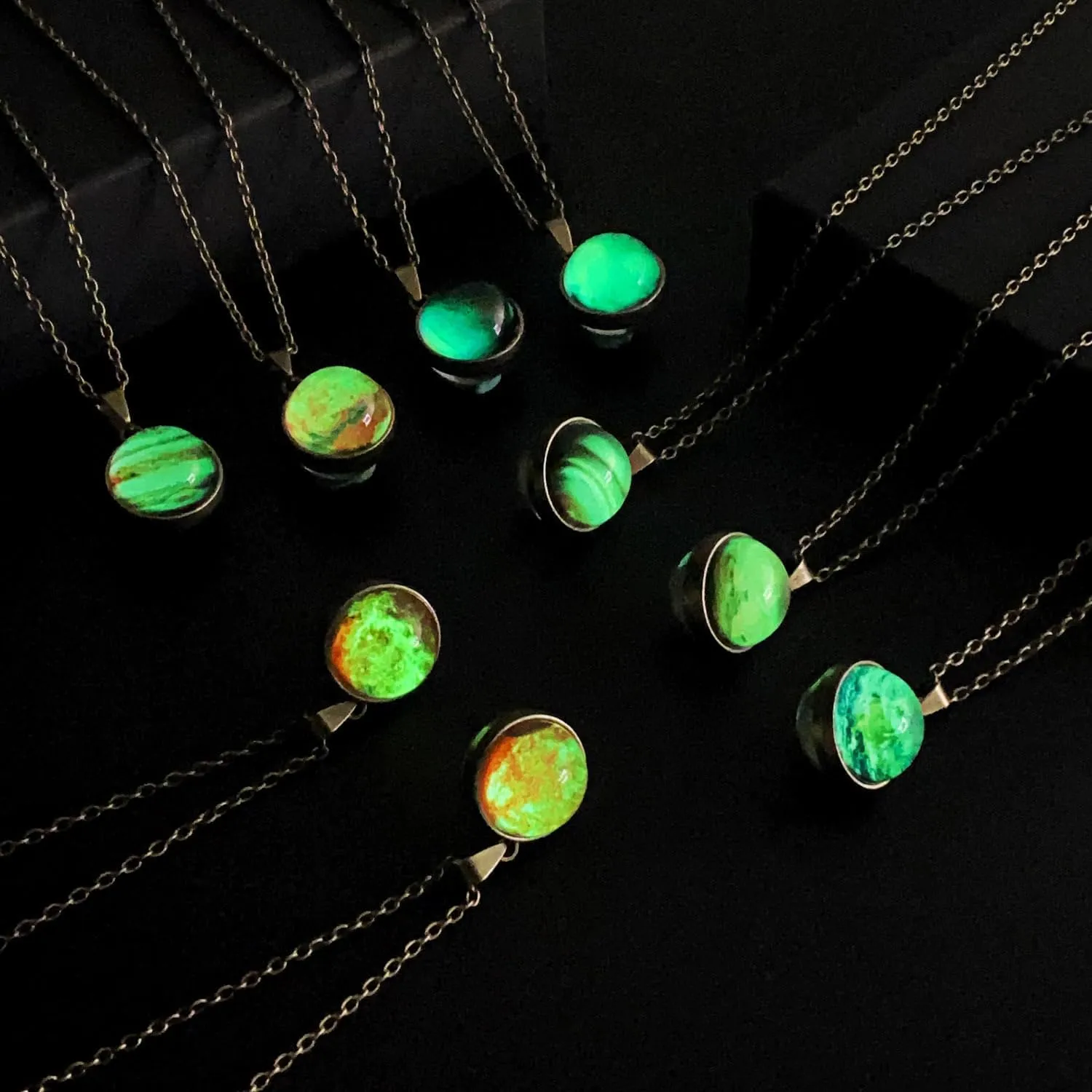 Solar System Necklace Universe Galaxy The Eight Planets Guardian Star Glow in Dark Double Side Glass Luminios Gemstone Ball Necklace for Women Men Friends Gift