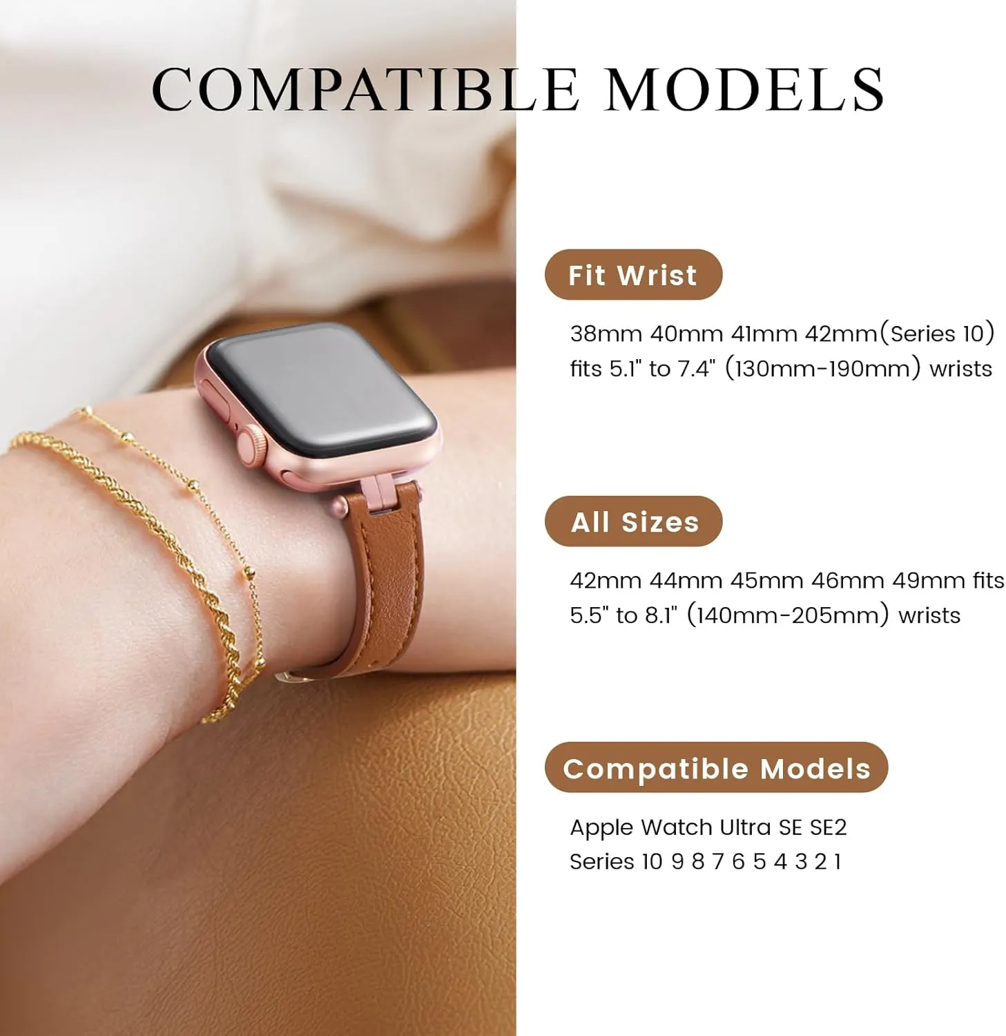 STIROLL Thin Leather Band Compatible with Apple Watch Bands 41mm 40mm 38mm 42mm 44mm 45mm 46mm Women, Dressy Top-Grain Genuine Leather Strap Slim Wristband for iWatch SE Series 10 9 8 7 6 5 4 3 2 1