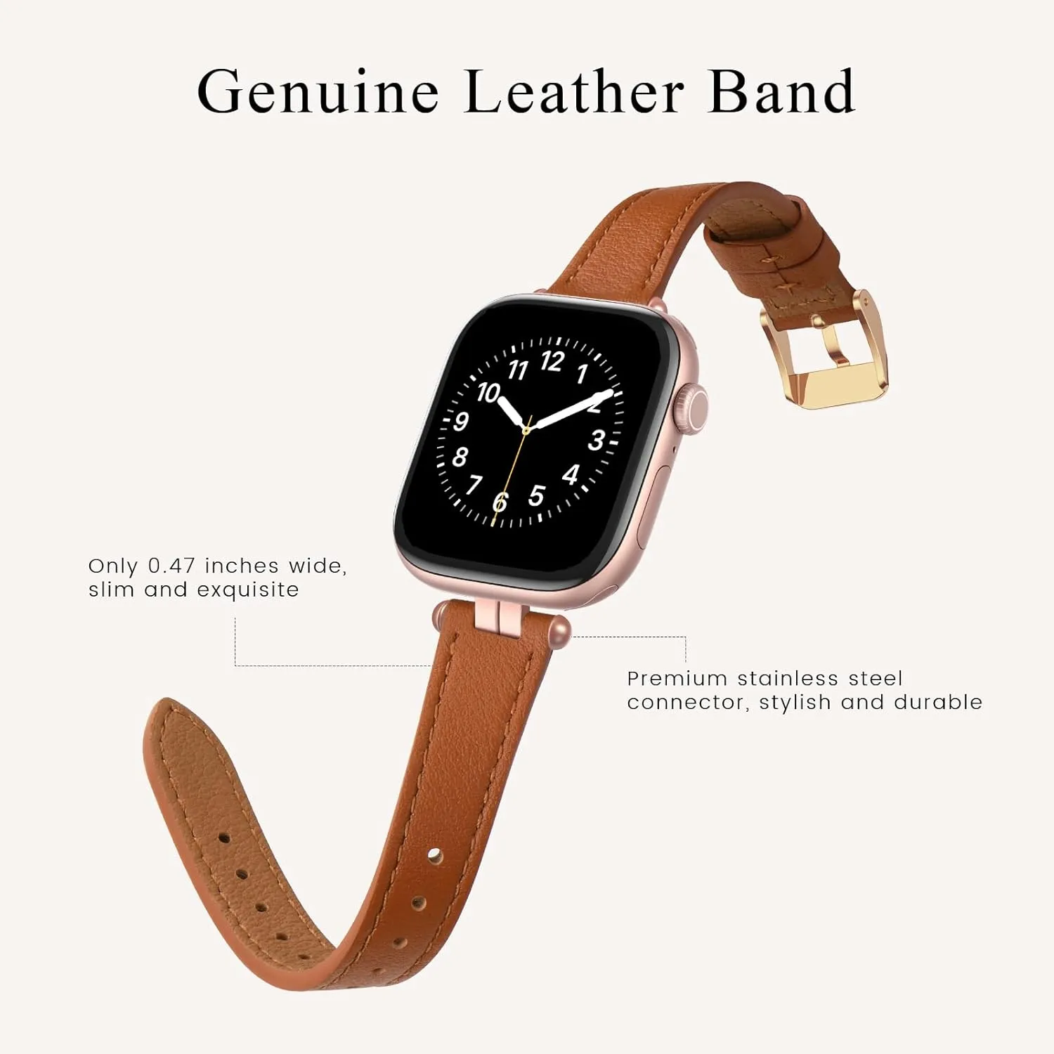 STIROLL Thin Leather Band Compatible with Apple Watch Bands 41mm 40mm 38mm 42mm 44mm 45mm 46mm Women, Dressy Top-Grain Genuine Leather Strap Slim Wristband for iWatch SE Series 10 9 8 7 6 5 4 3 2 1