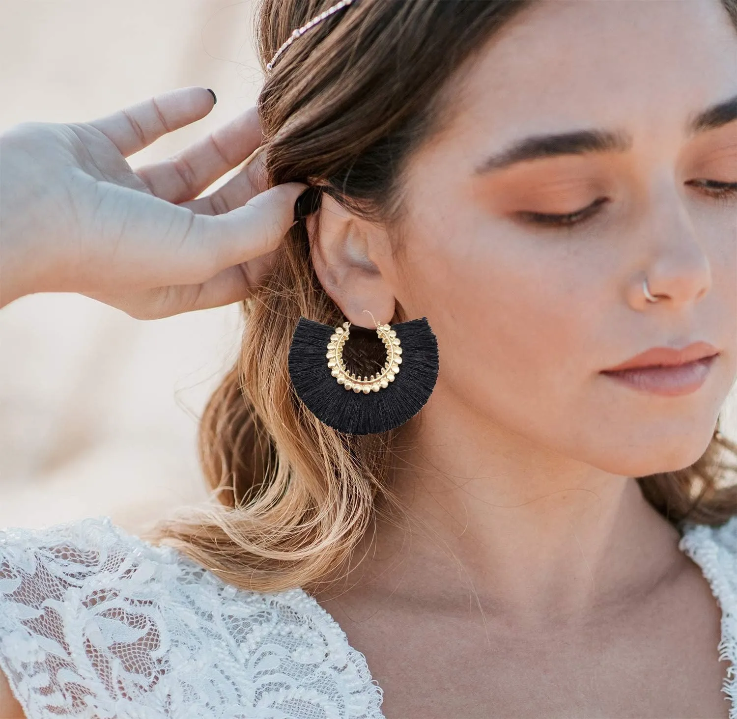 Tassel Hoop Earring Statement Thread Dangle Earrings Stylish Long Fringe Drop Earrings Lightweight Long Swingy French Hook Earrings for Women