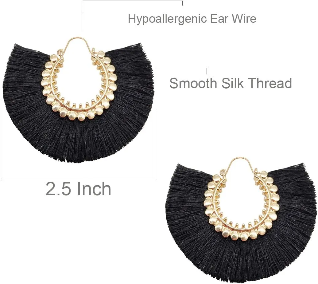 Tassel Hoop Earring Statement Thread Dangle Earrings Stylish Long Fringe Drop Earrings Lightweight Long Swingy French Hook Earrings for Women