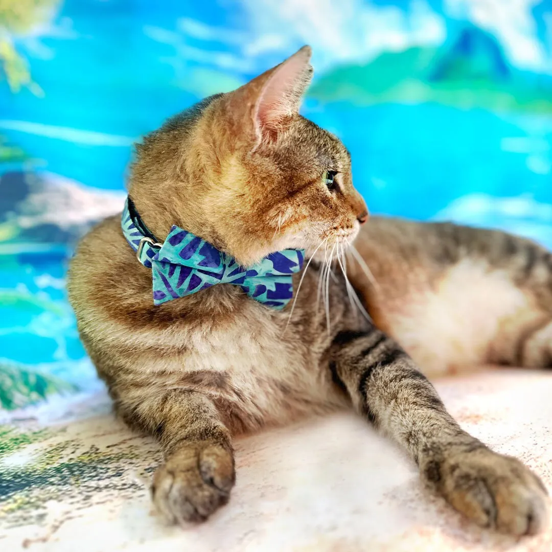 Tropical Cat Bow Tie - "Blue Lagoon" - Blue Bow Tie for Cat / Summer, Beach, Hawaiian, Tiki, Shark, Cool / Cat   Small Dog