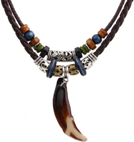 Vintage Style Double Layers Braided Leather Tribal Necklace with Charm Cross and Teeth Pendant