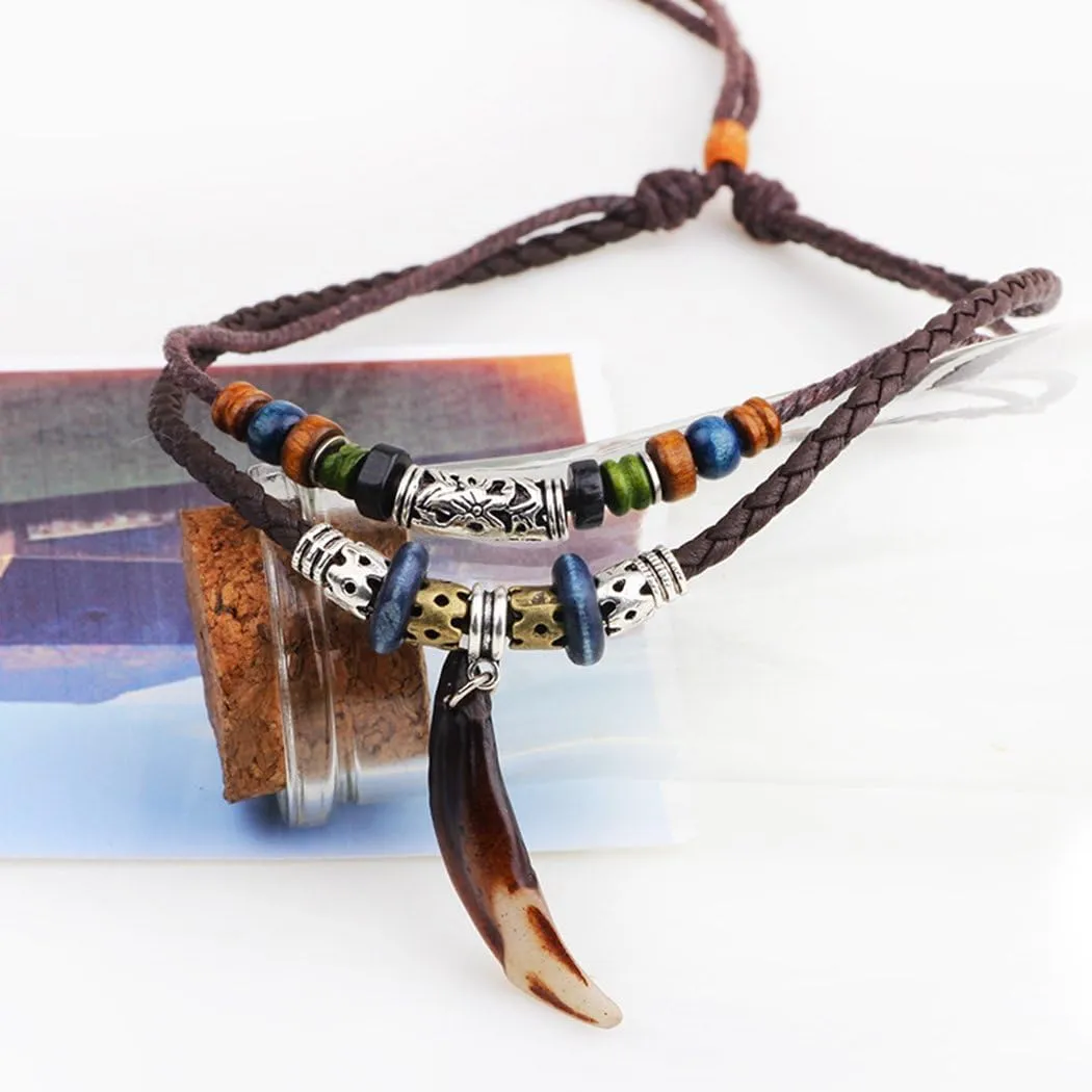 Vintage Style Double Layers Braided Leather Tribal Necklace with Charm Cross and Teeth Pendant