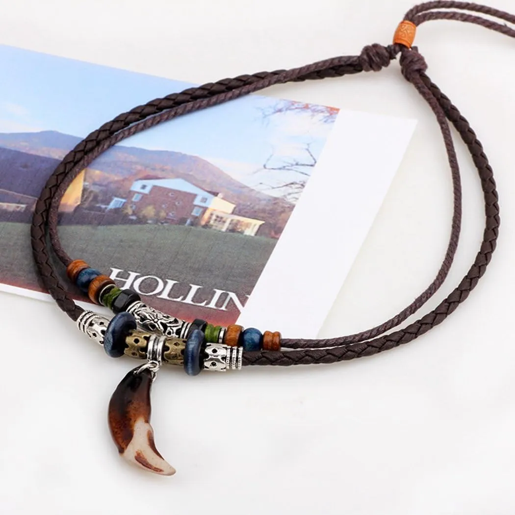Vintage Style Double Layers Braided Leather Tribal Necklace with Charm Cross and Teeth Pendant