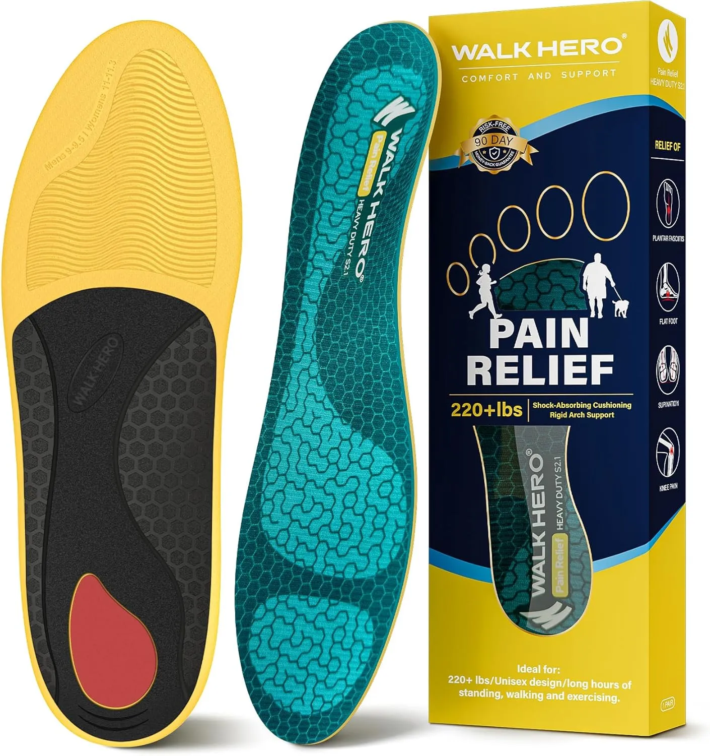 WalkHero Heavy Duty Arch Support Insoles, 220 lbs Plantar Fasciitis Orthopedic Inserts Relieve Pain, Work Boot Orthotics Insoles (Mens 6-6.5 | Womens 8-8.5, Coral Green)