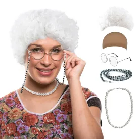 White Granny Costume Wig,Old Lady Costume Set,White Hair Grandma Wig with Wig Cap,Glasses, Glasses Chain and Pearl Necklace, 5 Piece Set.Perfect for 100 Days of School Costume
