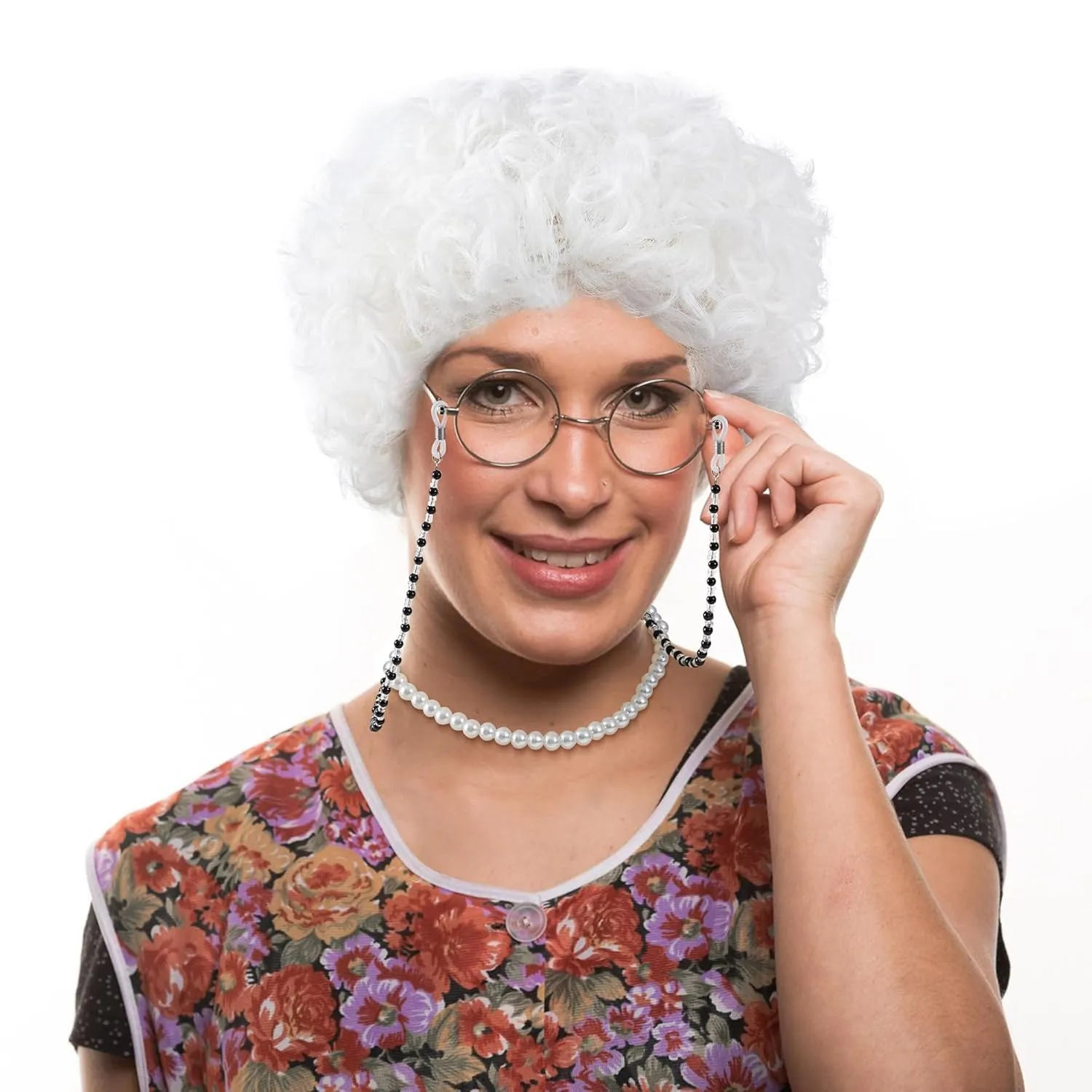 White Granny Costume Wig,Old Lady Costume Set,White Hair Grandma Wig with Wig Cap,Glasses, Glasses Chain and Pearl Necklace, 5 Piece Set.Perfect for 100 Days of School Costume