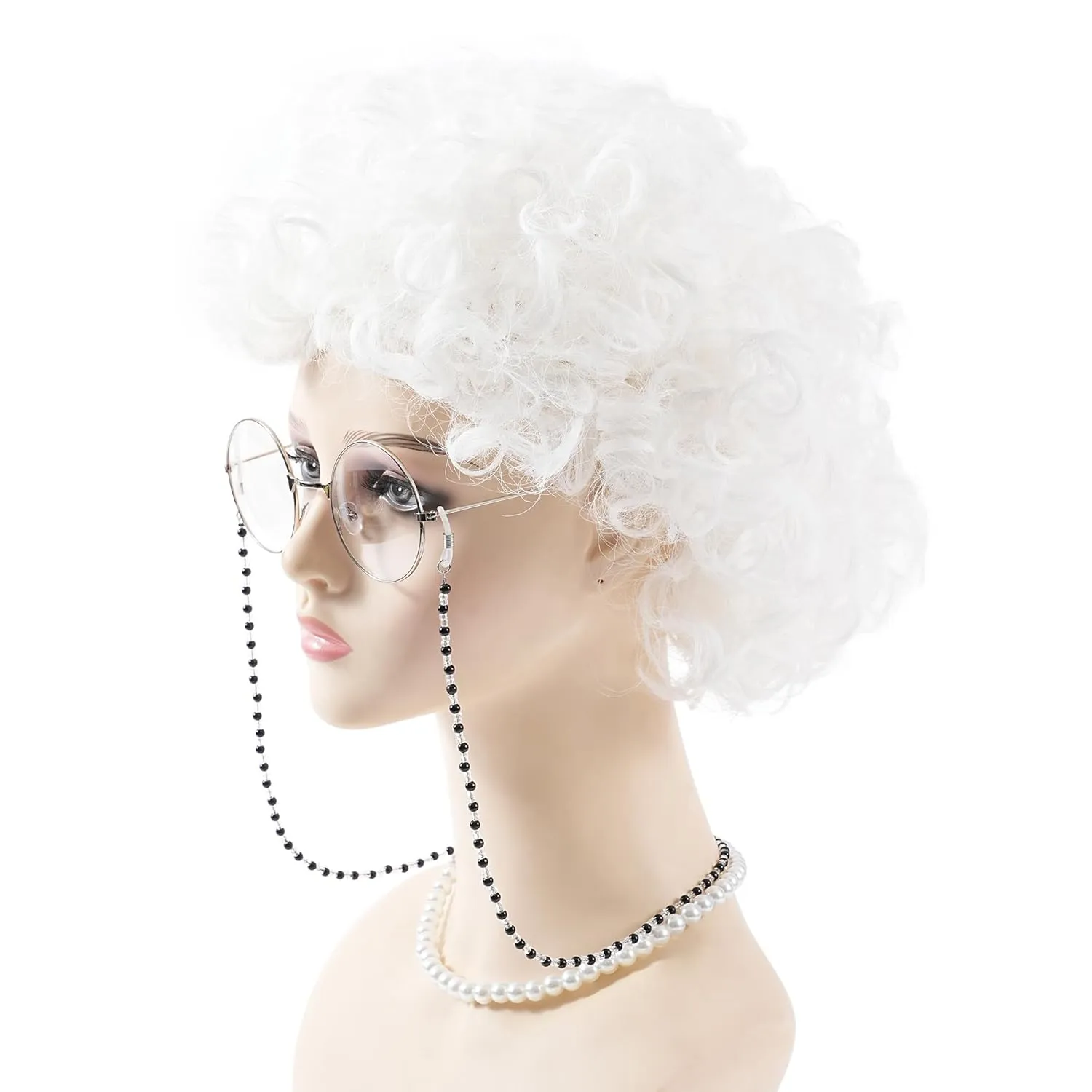 White Granny Costume Wig,Old Lady Costume Set,White Hair Grandma Wig with Wig Cap,Glasses, Glasses Chain and Pearl Necklace, 5 Piece Set.Perfect for 100 Days of School Costume