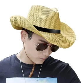 Wide Shapable Brim Straw Cowboy Hat Men Women UV Sun Protection Cowgirl Straw Hat Holiday Travel Panama Fedora Hat Beach Caps