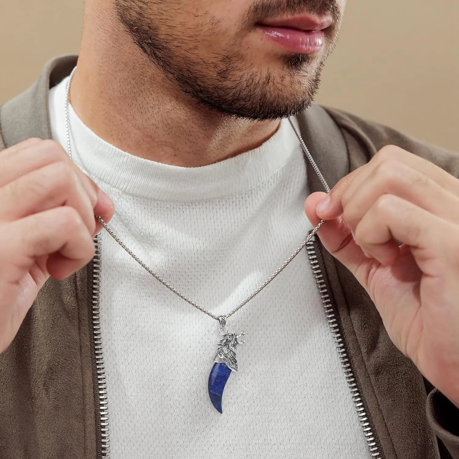 Wolf Head Necklace, Natural Amethyst Pendant, 26' Stainless Steel Chain, Viking Tribal Jewelry Gift for Men and Women
