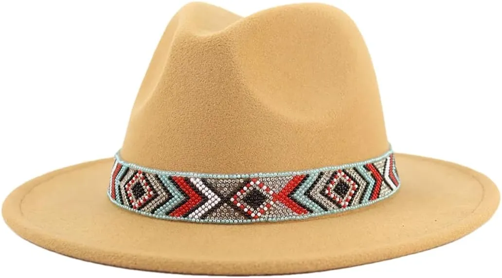 Women Fedoras Accessories Colorful Beads Wide Edge Jazz Hat Men Panama Hat Sombrero 29 M55-58cm, Medium
