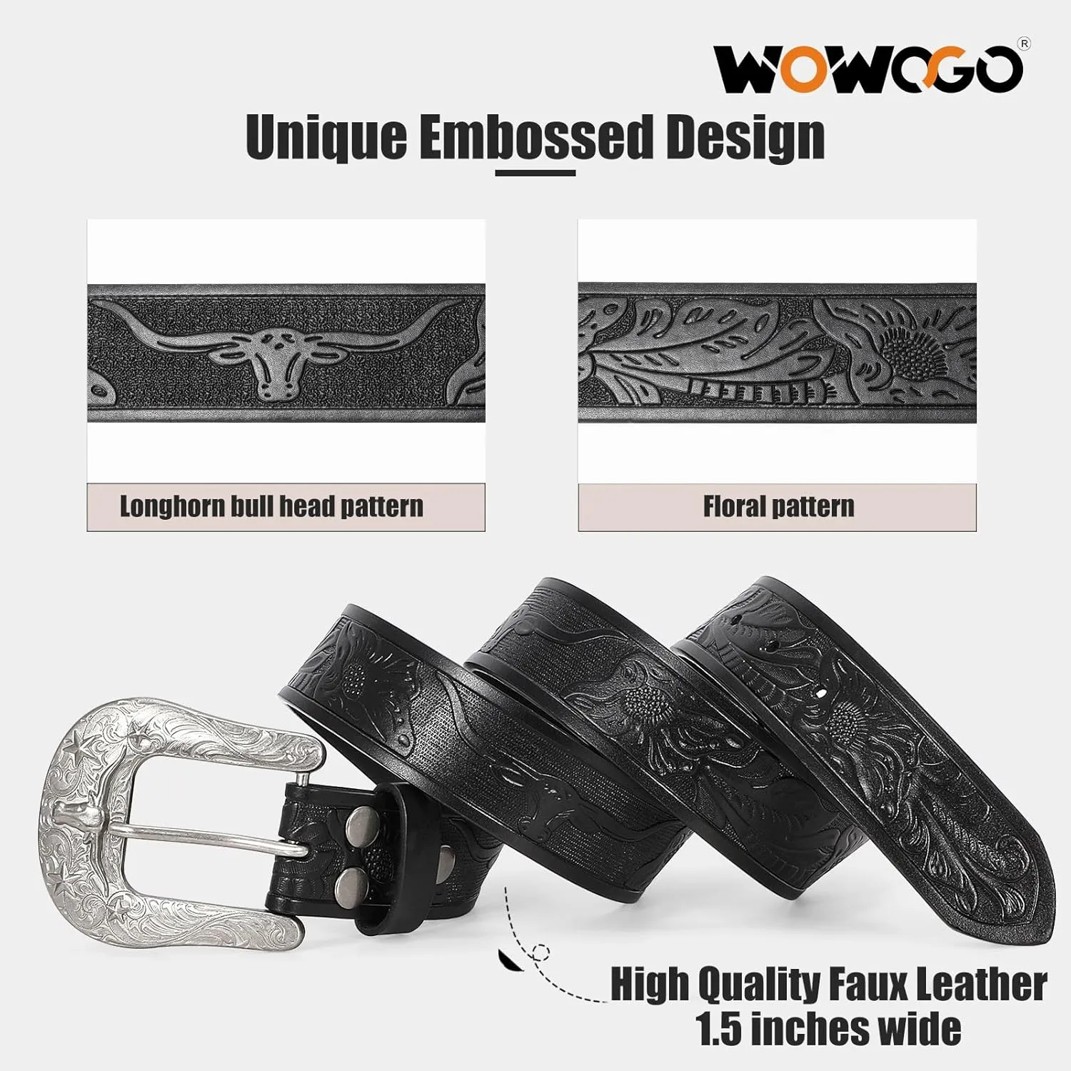 Women Men Western Belts Cowboy Cowgirl Country Belt Longhorn Bull Buckle Floral Embossed Belt for Jeans Dresses