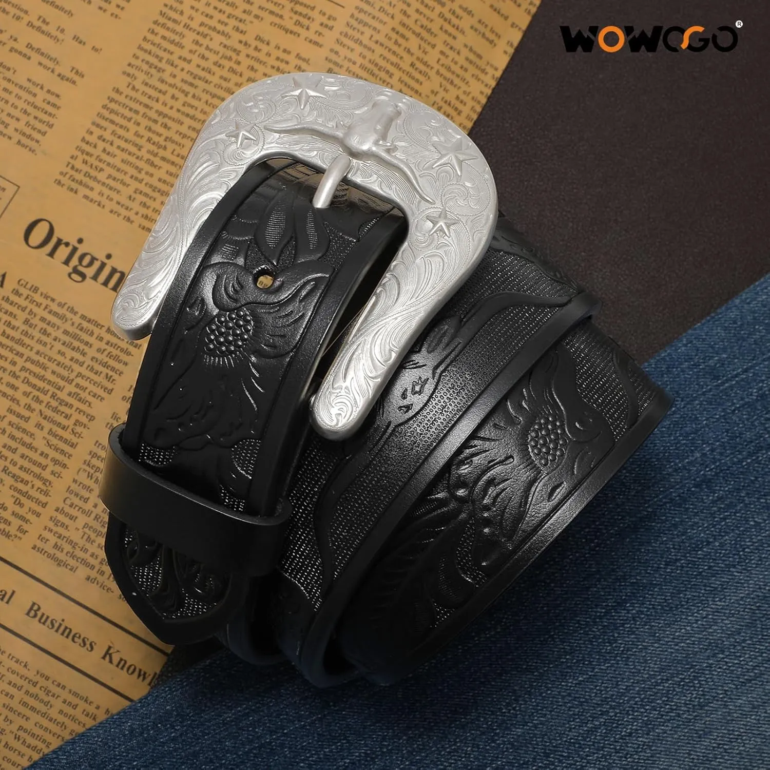 Women Men Western Belts Cowboy Cowgirl Country Belt Longhorn Bull Buckle Floral Embossed Belt for Jeans Dresses