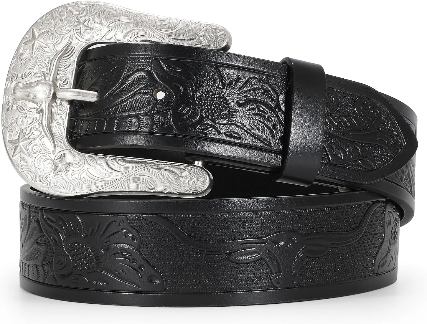 Women Men Western Belts Cowboy Cowgirl Country Belt Longhorn Bull Buckle Floral Embossed Belt for Jeans Dresses