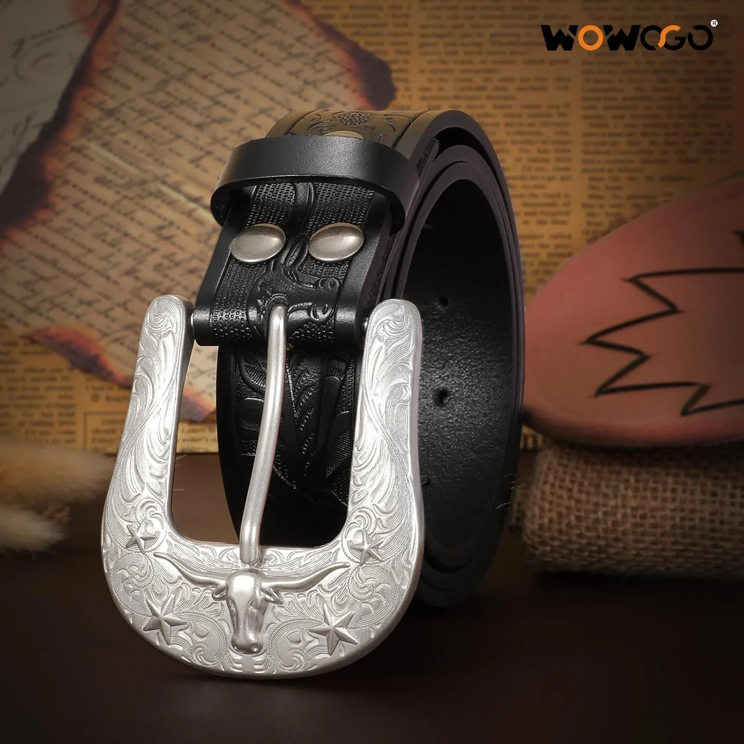 Women Men Western Belts Cowboy Cowgirl Country Belt Longhorn Bull Buckle Floral Embossed Belt for Jeans Dresses