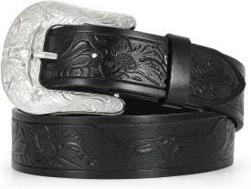 Women Men Western Belts Cowboy Cowgirl Country Belt Longhorn Bull Buckle Floral Embossed Belt for Jeans Dresses