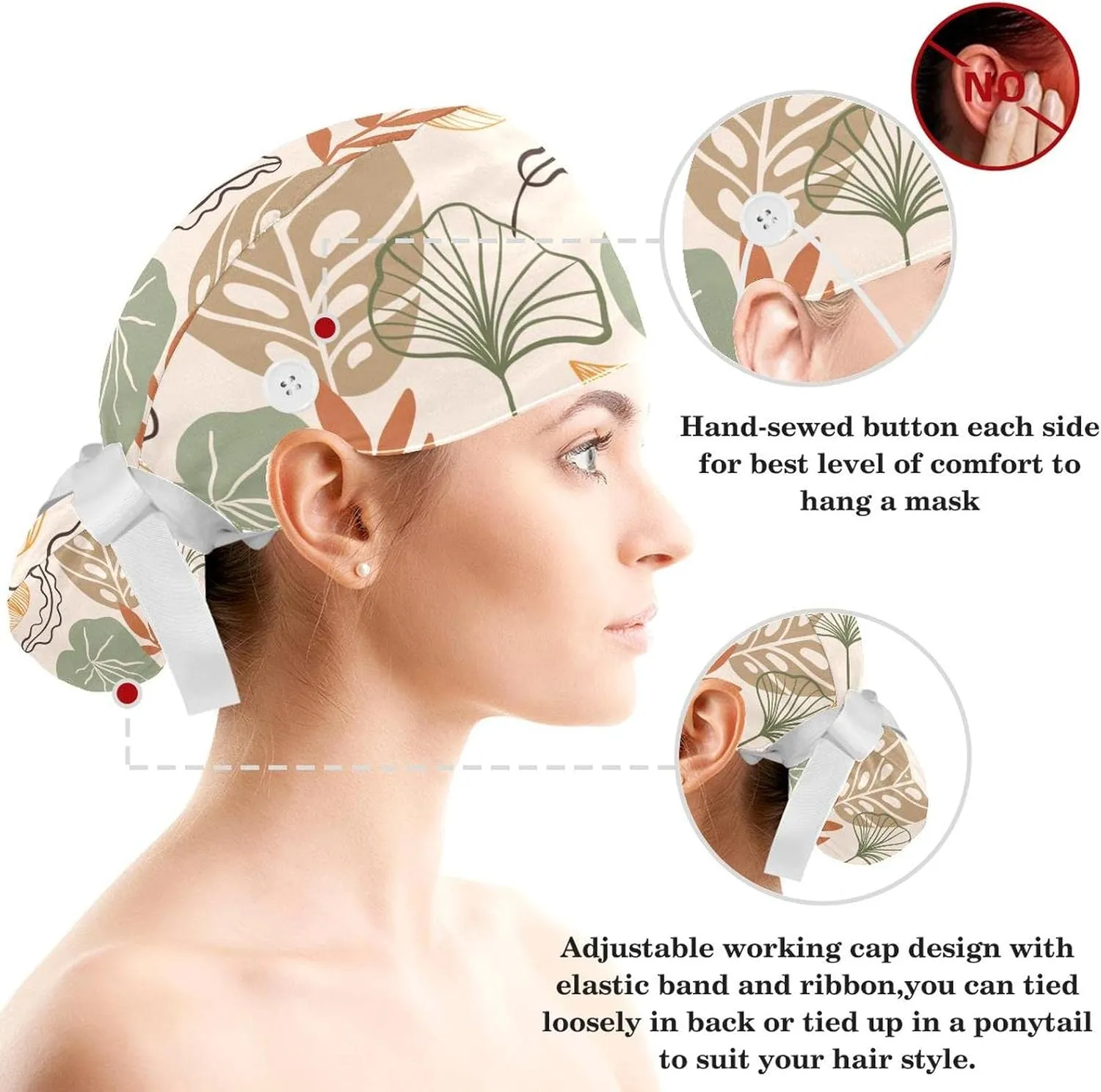 Women Working Cap with Buttons Bouffant Hat Autumn Leaves Nurse Scrub Caps Long Hair