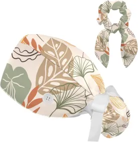 Women Working Cap with Buttons Bouffant Hat Autumn Leaves Nurse Scrub Caps Long Hair