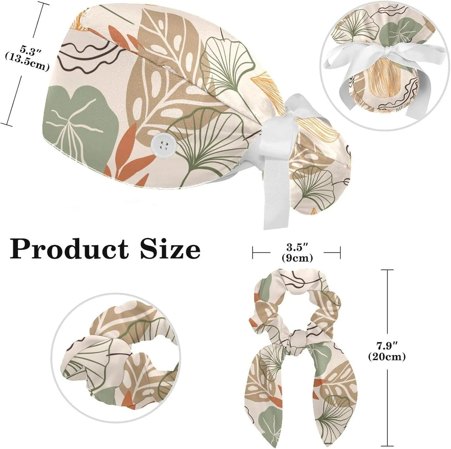 Women Working Cap with Buttons Bouffant Hat Autumn Leaves Nurse Scrub Caps Long Hair