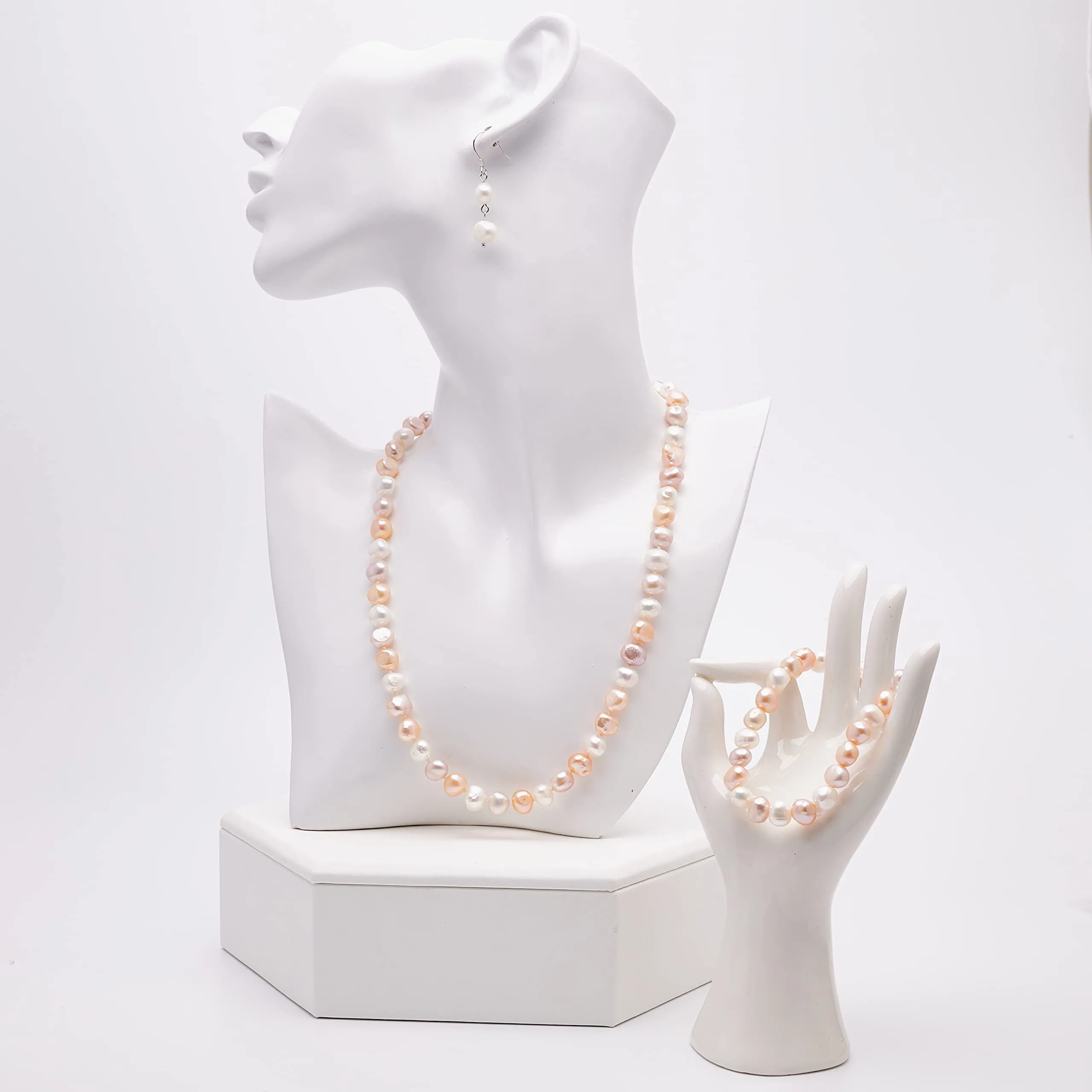 Women's 8mm Baroque Pearl Necklace Bracelet and Earrings Colour: White/Pink